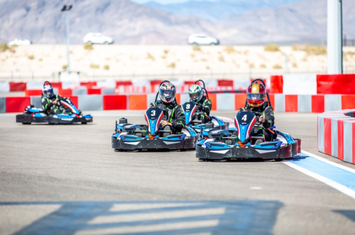 Four go-karts racing on a track with a desert backdrop, showcasing vibrant colors and competitive action.