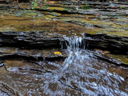 A small waterfall cascades over dark, textured rocks into a calm pool below, surrounded by greenery.