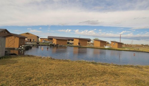 A serene landscape featuring a pond surrounded by wooden buildings and grassy areas under a blue sky with clouds.