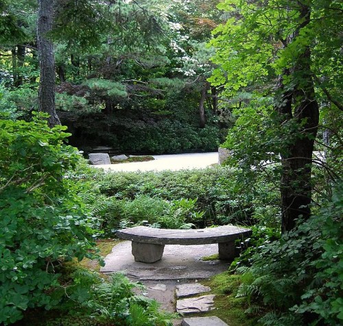 A serene garden scene featuring a stone bench surrounded by lush greenery and trees.