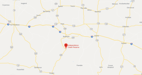 Map showing the location of Independence Creek Preserve in Texas, with surrounding highways and towns.