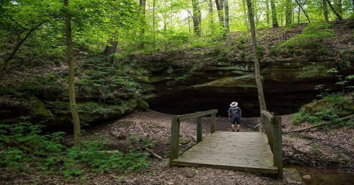 A person in a hat stands on a wooden bridge in a lush green forest, facing a rocky overhang.