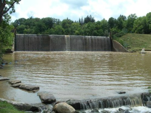 A waterfall cascading over a dam into a muddy river, surrounded by green trees and rocky shoreline.