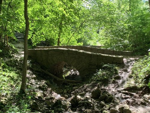 A stone bridge arches over a small creek, surrounded by lush green trees and foliage in a serene forest setting.