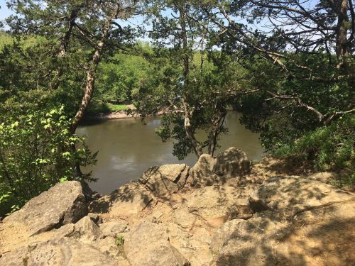 A rocky outcrop overlooks a calm river, surrounded by lush green trees and foliage on a sunny day.