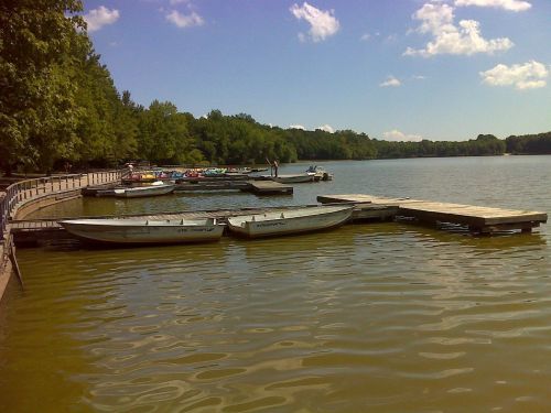A peaceful lake scene with boats docked at a wooden pier, surrounded by lush green trees under a blue sky.