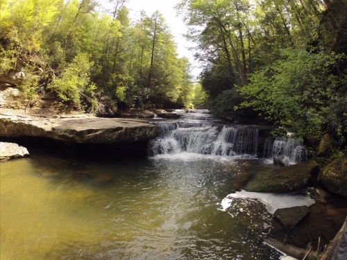 A serene waterfall cascades into a clear pool, surrounded by lush green trees and rocky terrain.