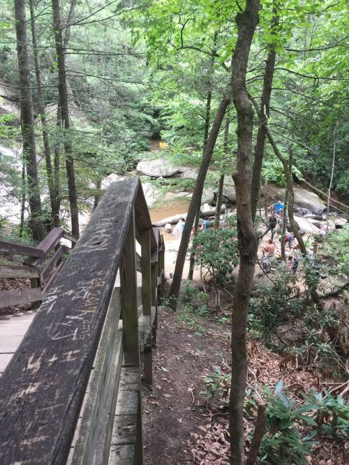 A wooden railing leads down to a rocky stream surrounded by lush green trees and people enjoying the area.