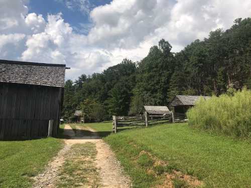 A dirt path leads through a grassy area with wooden buildings and trees under a partly cloudy sky.