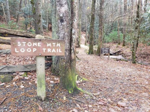 Two wooden signs in a forest: one points to "Stone Mtn Loop Trail," the other warns "This area closed at 6 PM."