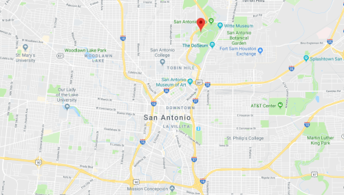 Map of San Antonio, Texas, highlighting key locations including the DoSeum and San Antonio Museum of Art.