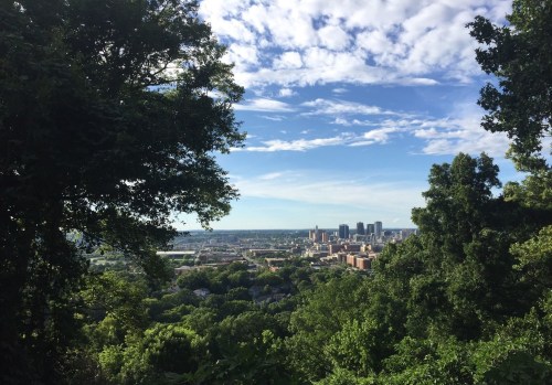 A panoramic view of a city skyline framed by lush green trees under a blue sky with scattered clouds.