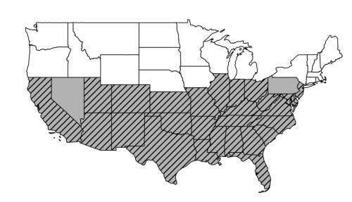 Map of the United States highlighting a region in the southern and southwestern areas with diagonal shading.
