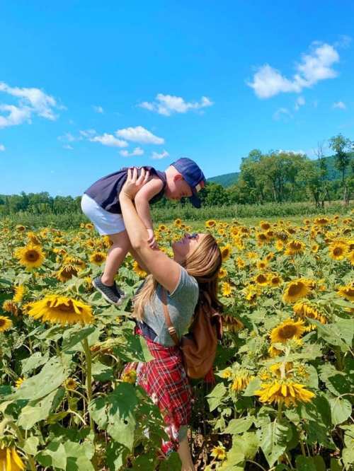 A woman lifts a young boy in a sunflower field under a bright blue sky.