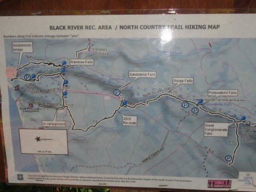 Map of Black River Recreation Area and North Country Trail, showing hiking routes, landmarks, and parking areas.