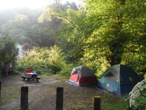 Two tents set up in a lush, green campsite with a picnic table and a hint of smoke from a campfire in the background.