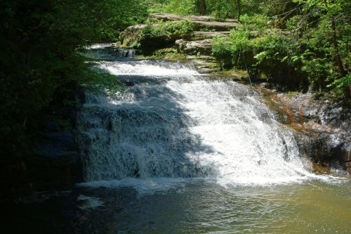 A serene waterfall cascading over rocks, surrounded by lush green trees and a calm pool below.