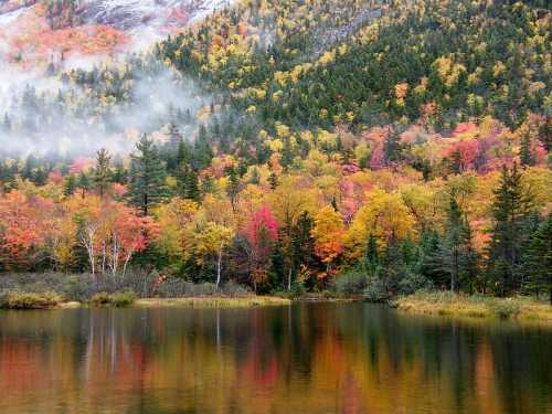 A serene lake reflects vibrant autumn foliage and misty mountains, showcasing a colorful landscape of red, orange, and yellow trees.