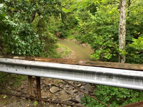 A rusted guardrail overlooks a winding creek surrounded by lush green trees and foliage.