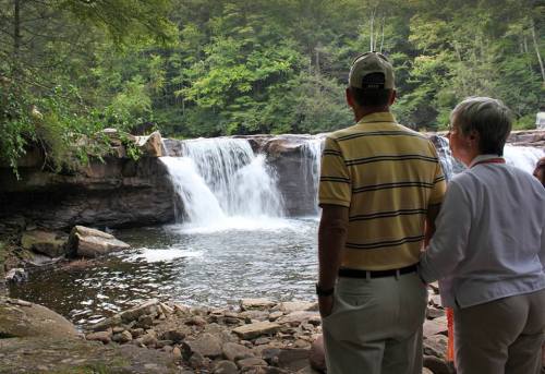 A couple stands by a serene waterfall, surrounded by lush greenery and rocky terrain.