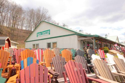A furniture store with a variety of colorful Adirondack chairs displayed outside against a wooded backdrop.