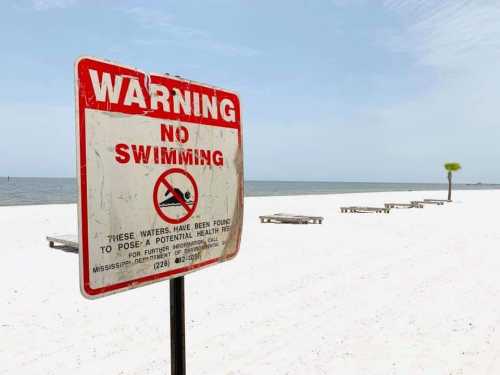 A weathered sign on a beach warns "No Swimming" due to potential health risks, with empty lounge chairs in the background.