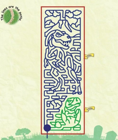 A colorful maze featuring a dinosaur and a frog, with paths labeled for distances of 1 mile.
