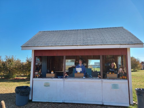 Two smiling vendors at a seasonal outdoor stand, surrounded by pumpkins and autumn decorations, under a clear blue sky.