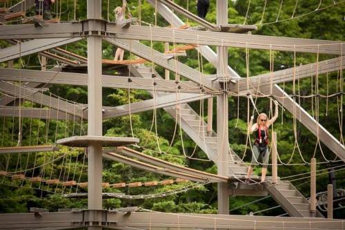 A person navigates a high ropes course, surrounded by wooden platforms and ropes, with greenery in the background.