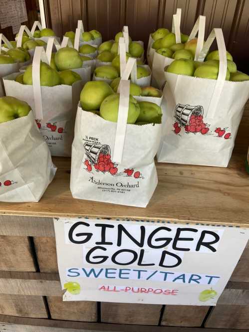 Bags of Ginger Gold apples on display at a market, with a sign indicating they are sweet/tart and all-purpose.