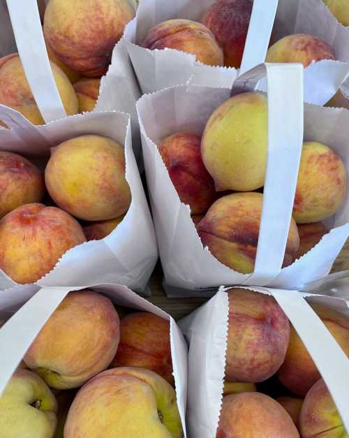 Bags filled with fresh, ripe peaches arranged neatly on a table.