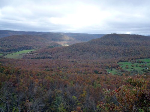 A panoramic view of rolling hills covered in autumn foliage under a cloudy sky.
