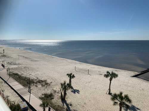 A serene beach scene with white sand, palm trees, and calm water under a clear blue sky.