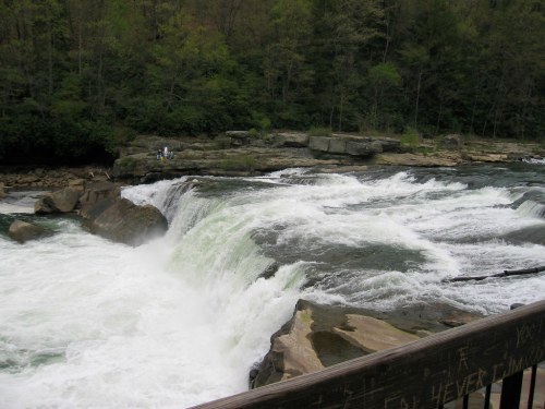 A waterfall cascades over rocky ledges, surrounded by lush green trees and a serene natural landscape.