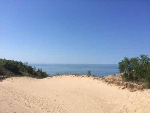 A sandy dune overlooks a calm lake under a clear blue sky, surrounded by greenery.