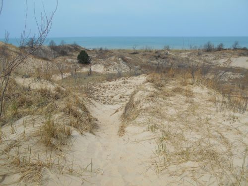 A sandy path leads through grass-covered dunes to a calm lake under a cloudy sky.