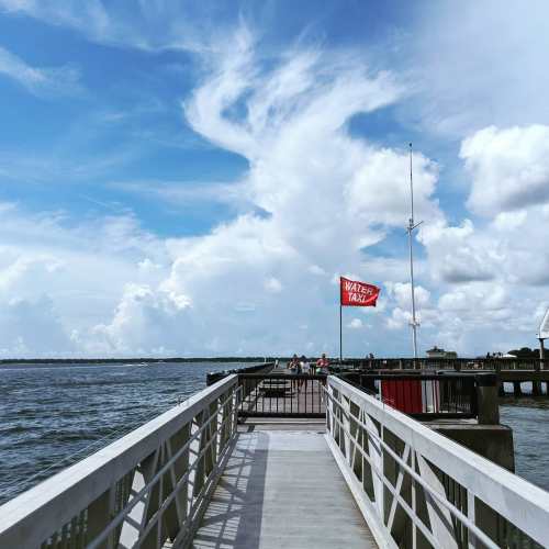 A wooden pier extends over water, with a red "Water Taxi" flag waving and clouds in a blue sky above.