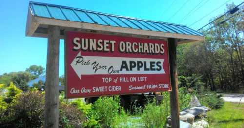 Sign for Sunset Orchards with directions to pick apples, featuring a red background and a blue roof.