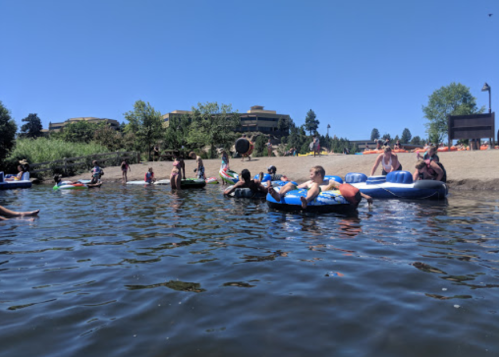 People relaxing on inflatable tubes in a river on a sunny day, with a sandy beach and trees in the background.
