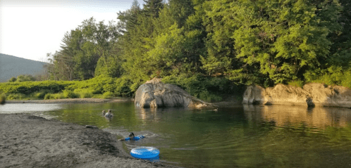 A serene river scene with a sandy bank, lush greenery, and a person swimming with a blue float.