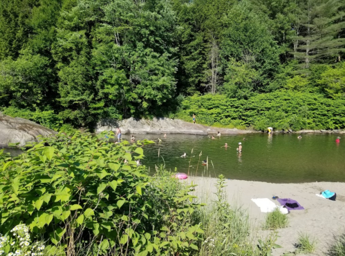 A serene river scene with people swimming and relaxing on the sandy shore, surrounded by lush greenery.