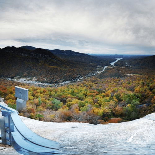A panoramic view of a valley with autumn foliage, mountains in the background, and a winding river below under a cloudy sky.