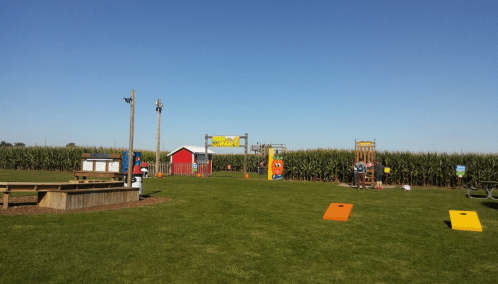 A sunny outdoor area with green grass, cornfields, and various games like cornhole and play structures in the background.
