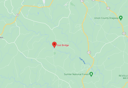 Map showing Gist Bridge location, surrounded by roads and natural features in a rural area.