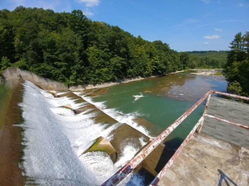A scenic view of a dam with cascading water, surrounded by lush green trees and a calm river under a clear blue sky.