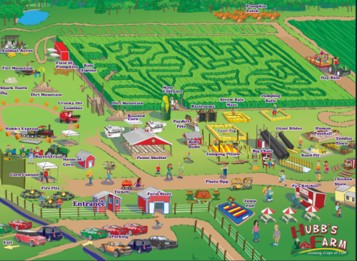 Colorful map of Hubbs Farm featuring attractions like a pumpkin maze, petting zoo, and various play areas.