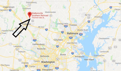 Map showing the location of Walkersville Southern Railroad, near Frederick, Maryland, with an arrow pointing to it.