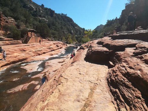 A scenic view of a rocky riverbank with people enjoying the outdoors under a clear blue sky.