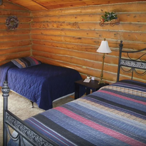 Cozy cabin interior with two beds, wooden walls, and a bedside lamp, creating a warm, inviting atmosphere.