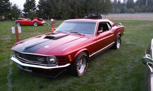 A classic red and black muscle car parked on grass, with trees and other vintage cars in the background.